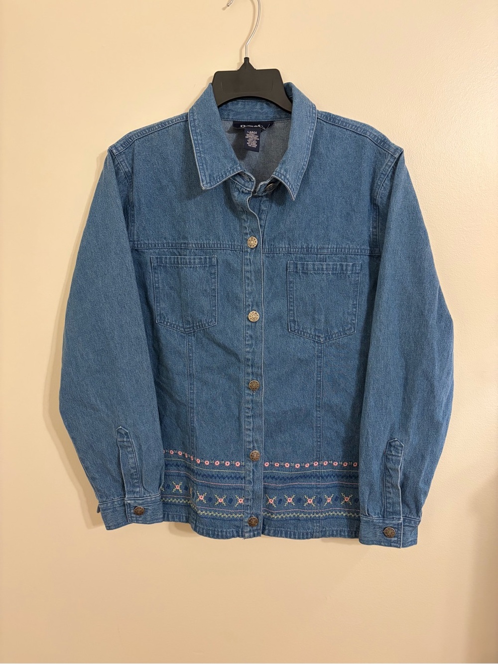 Denim & Co | Vintage Blue Denim Jacket with Floral Embroidered Hem size L